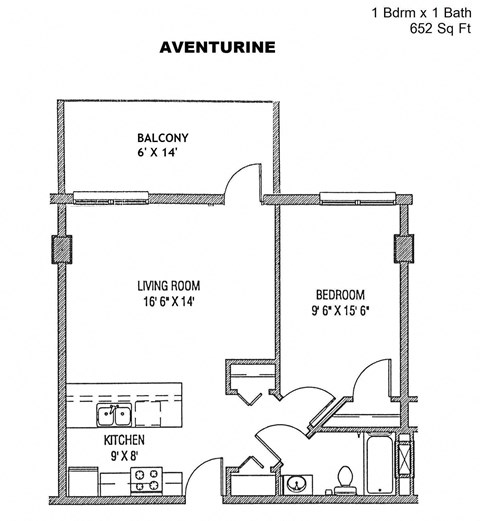 Floor plan for 1 bed, 1 bath, 652 sqft